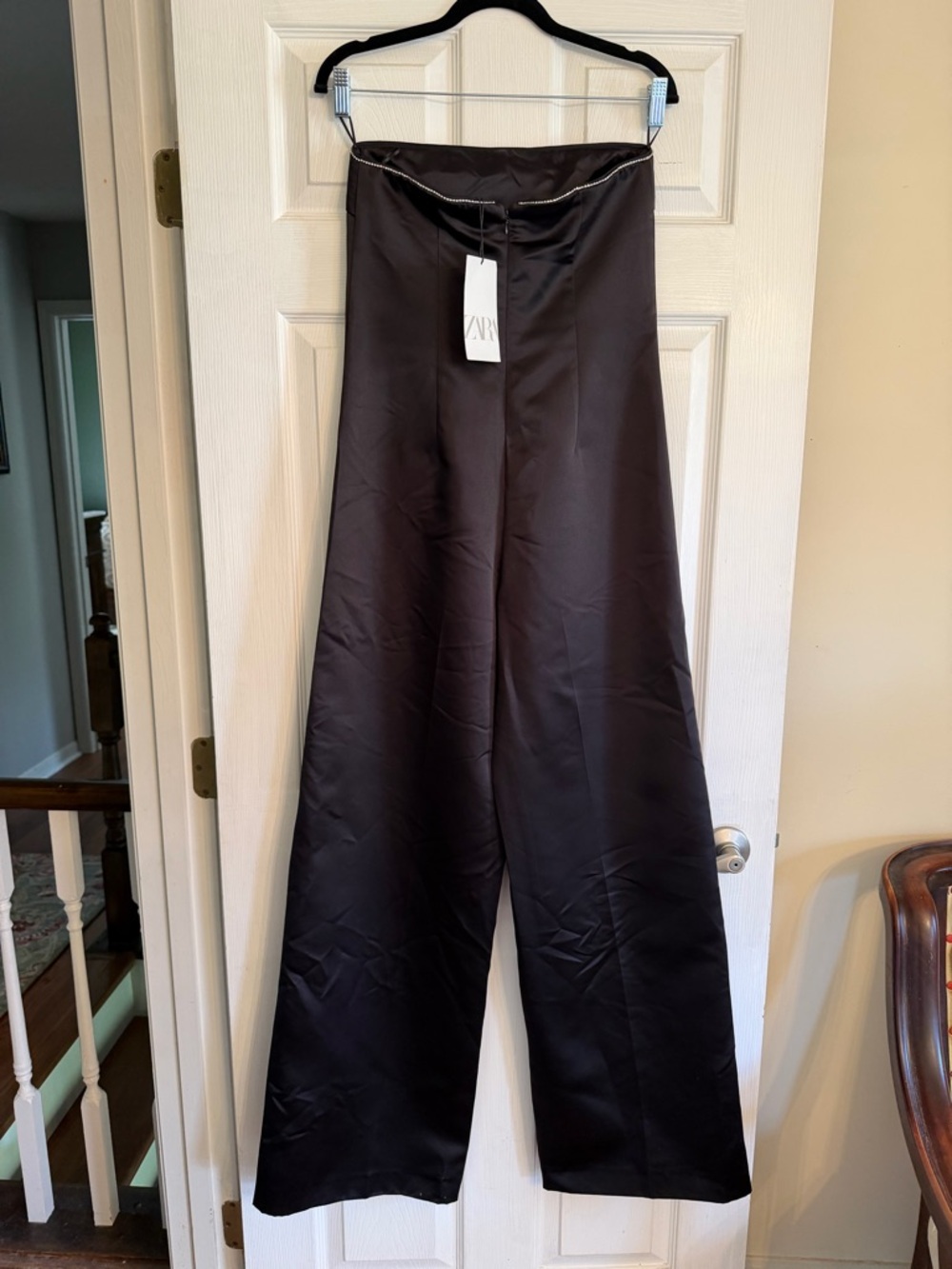 Zara Black Strapless Wide-Leg Satin Jumpsuit S - Picture 5 of 8